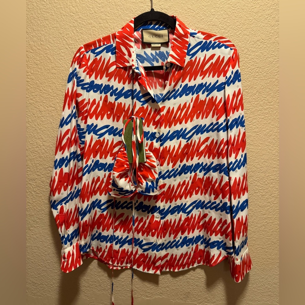 Gucci Red & Blue Scribble Print Women's Button-Up Blouse